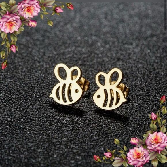 Small Bee Stud Earring Stainless Steel Mini Earrings - Picture 1 of 9